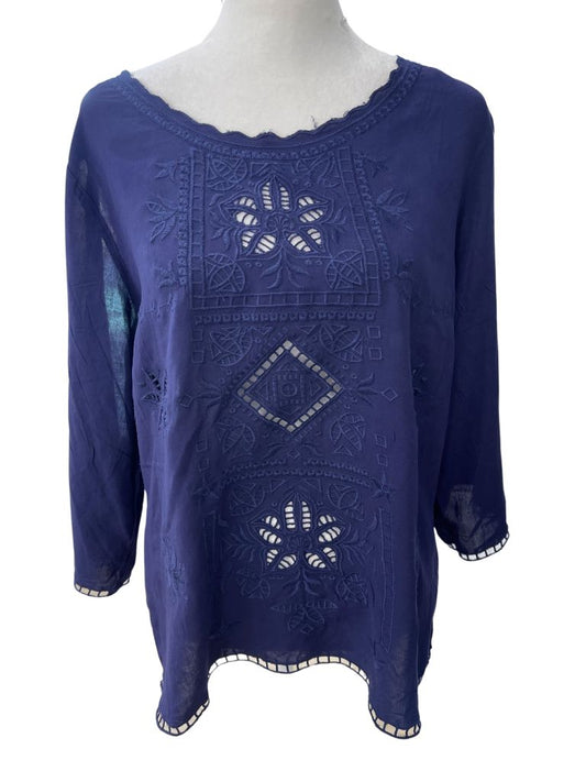 Solitaire Blue Peasant Top with 3/4 Sleeves