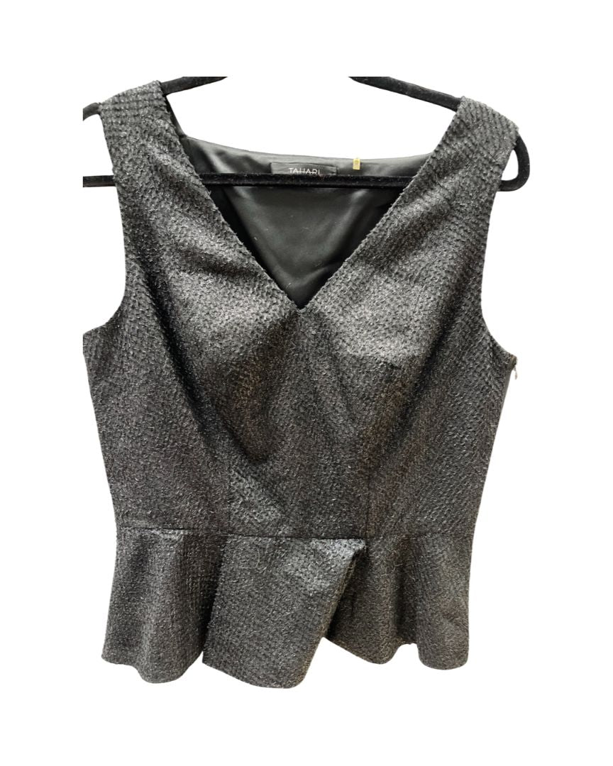 Tahari Black/Silver Textured Sleeveless Peplum Blouse