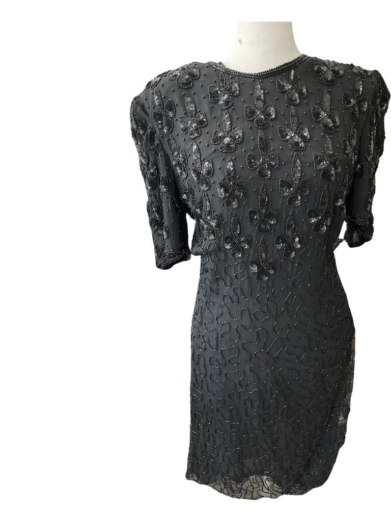 Vintage Black Silk Sequin Open Back Short Sleeve Cocktail Dress
