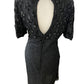 Vintage Black Silk Sequin Open Back Short Sleeve Cocktail Dress