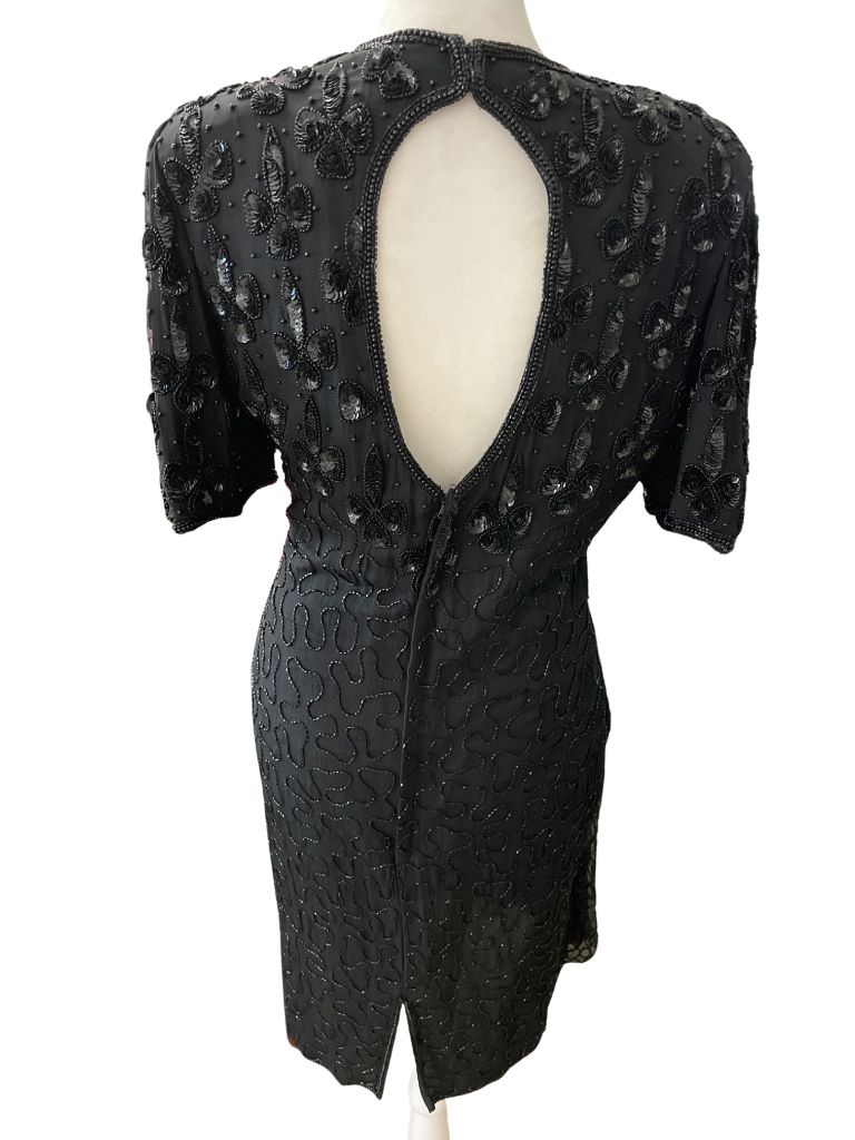 Vintage Black Silk Sequin Open Back Short Sleeve Cocktail Dress