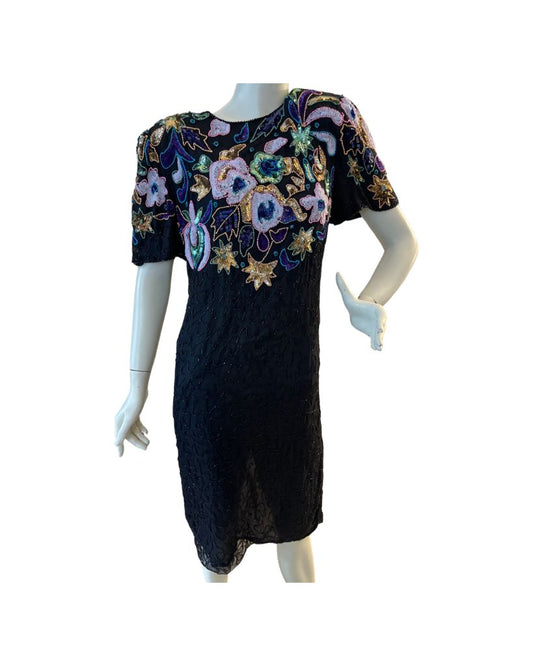 Carina Vintage Black Silk Beaded Dress
