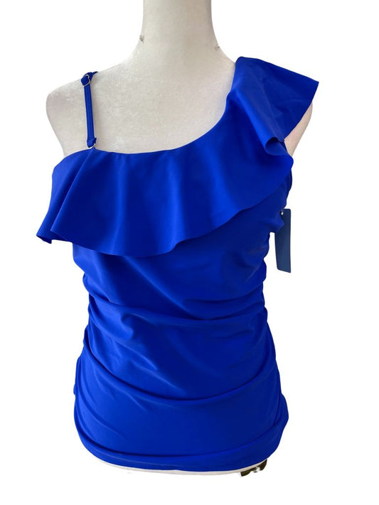 Yonique Blue One Shoulder Ruffled Swim Top