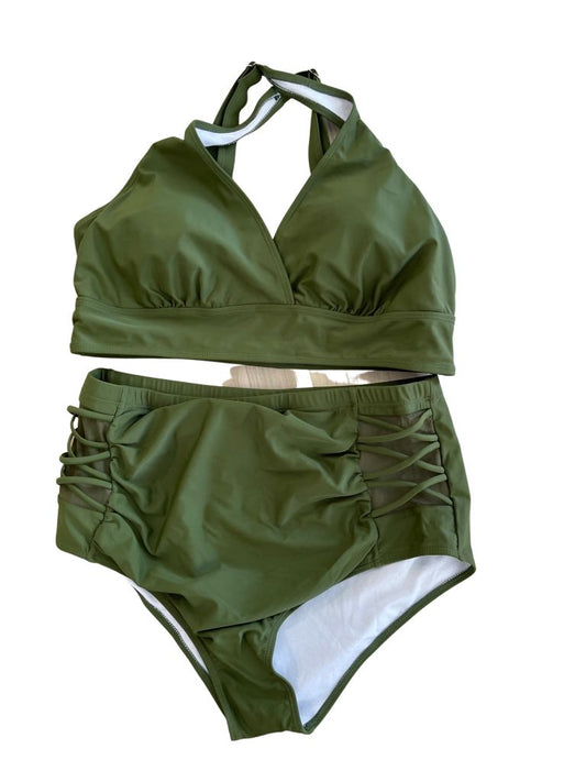 Yonique Olive Swim Two Piece with Halter Top and Criss Cross High Waisted Bottom