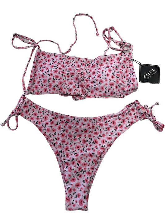 Zaful Pink Floral Swim Two-Piece with Cinched Tie