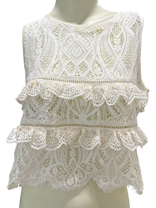 Zara White Sleeveless Ruffled Lace Crop Top