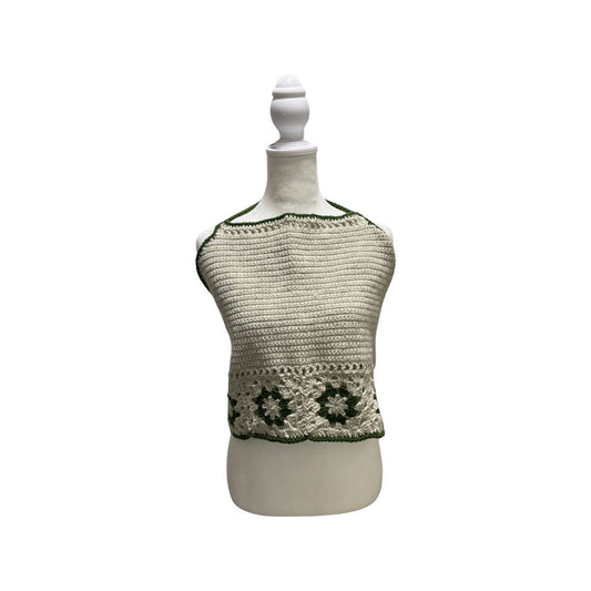 Handmade Crochet Green/Ivory Floral Halter Tank