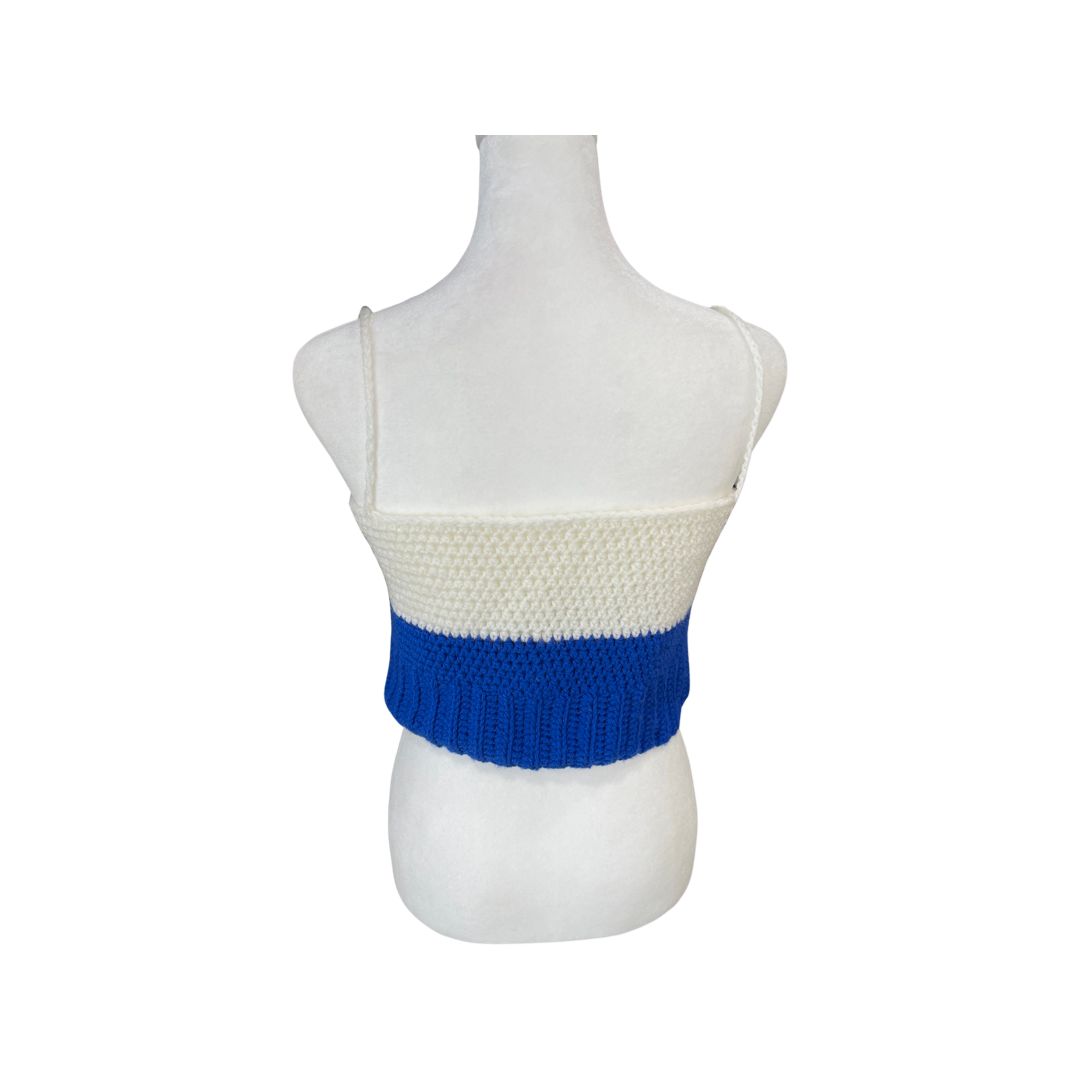 Handmade Crochet White/Blue Split Crop Tank