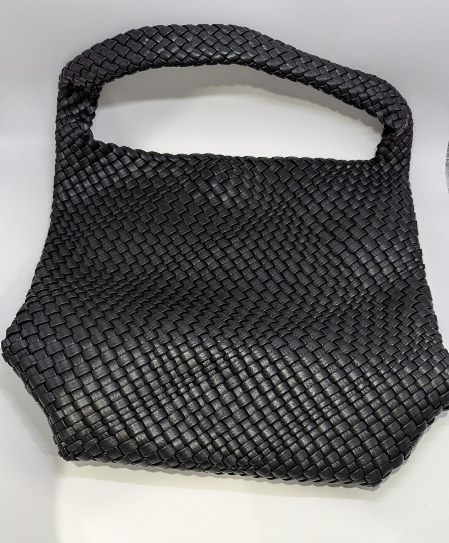 Black Woven Faux-Leather Tote Bag
