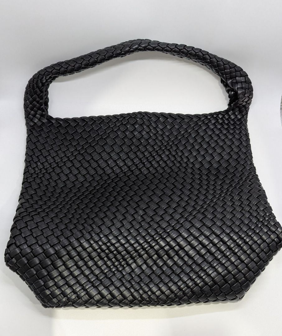 Black Woven Faux-Leather Tote Bag