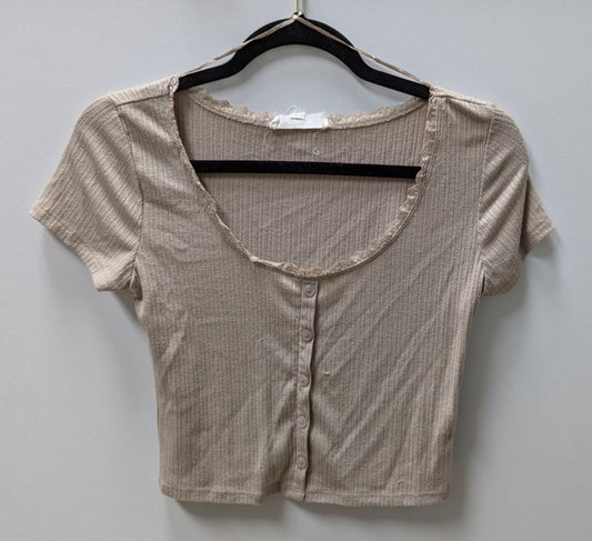 PINK ROSE Light Tan Faux-Button Cropped Tee