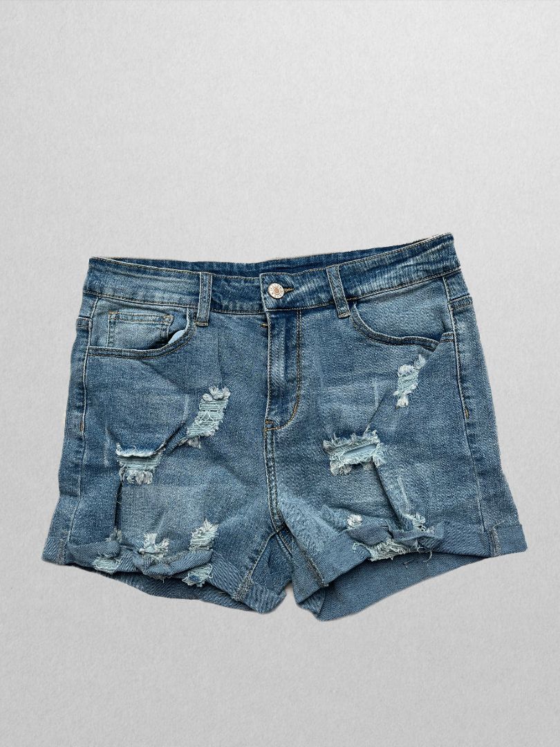 Sidefeel Blue Denim Ripped Raw Hem Shorts