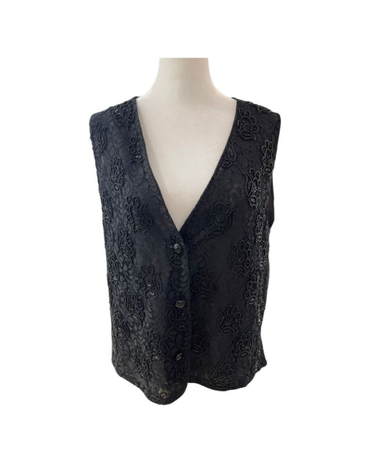 Carole Little Vintage Black Beaded Lace Front Button Vest