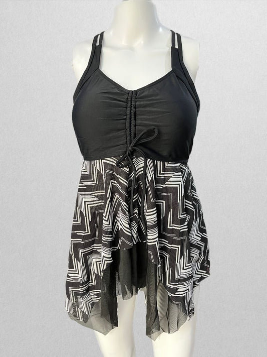 Black/White Sheer Asymmetrical Tankini Swim Set