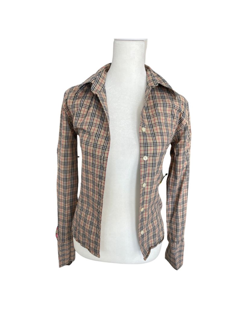 Burberry London Tan Plaid Button-Up Blouse